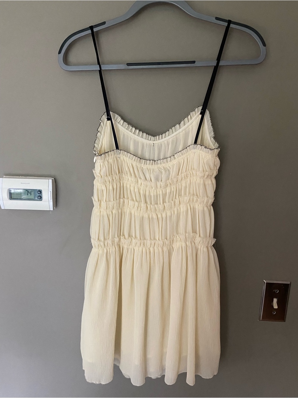NWT ZARA Cream Ruched Babydoll Mini Dress Black Bow Cami Coquette Romantic Small - Picture 3 of 7